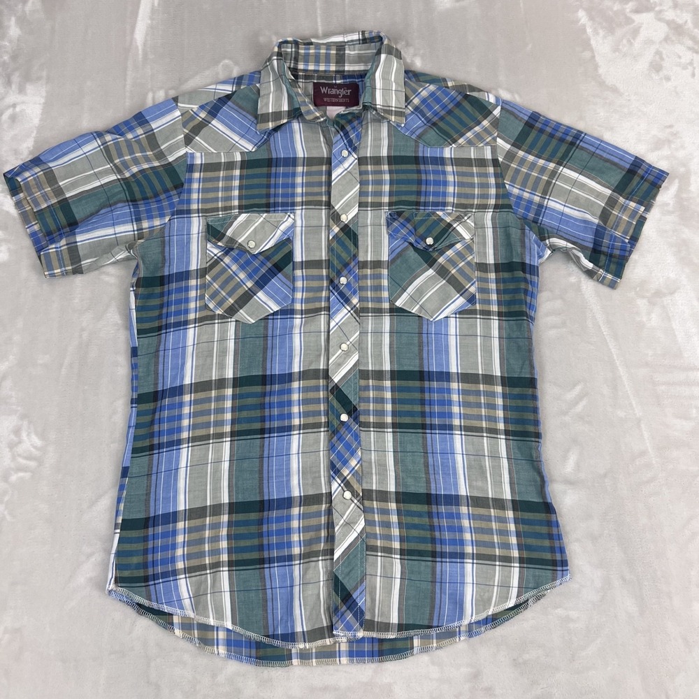 Vintage Wrangler Shirt Mens Medium Plaid Lightweight Western Pearl Snap Cowboy
